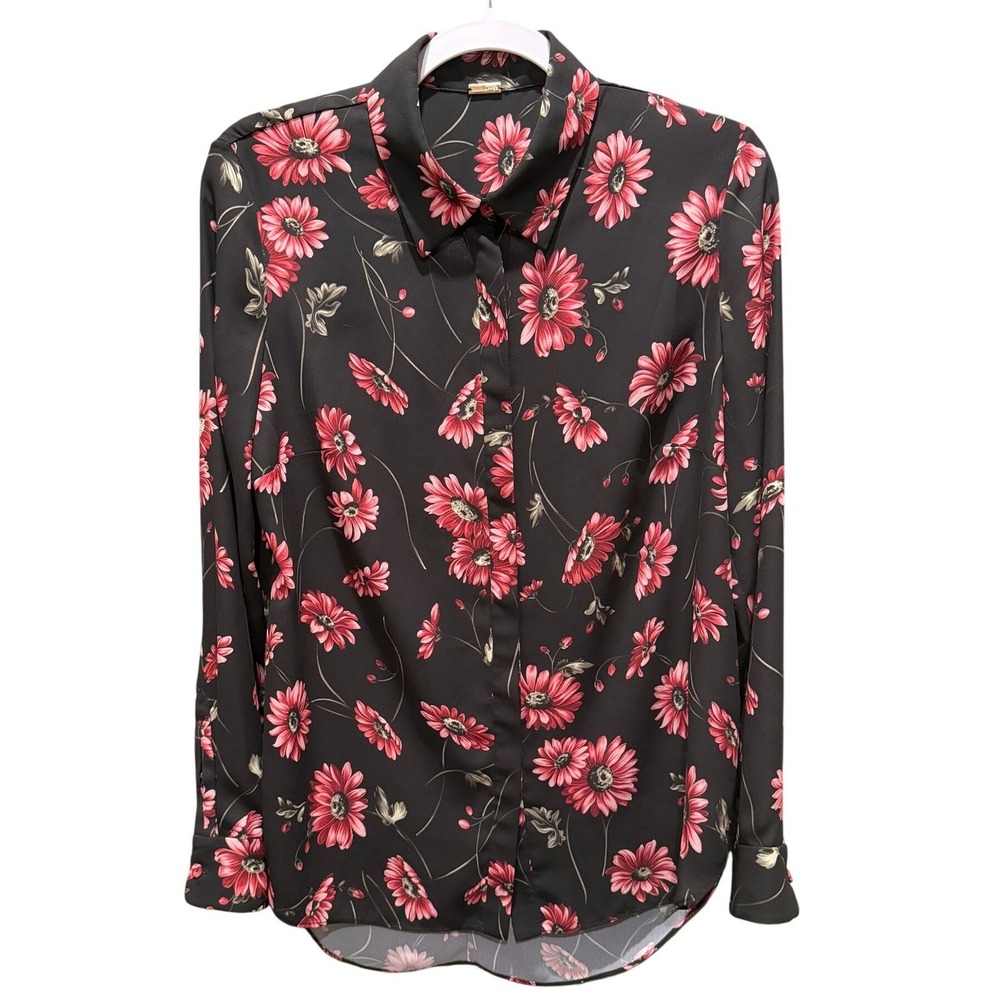 Adam Lippes 100% Silk Floral Blouse Black Pink Button Front Top READ DESC